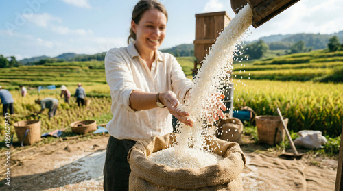 Woman Harvesting Rice in Lush Fields, Enjoying Nature and Agricultural Labor