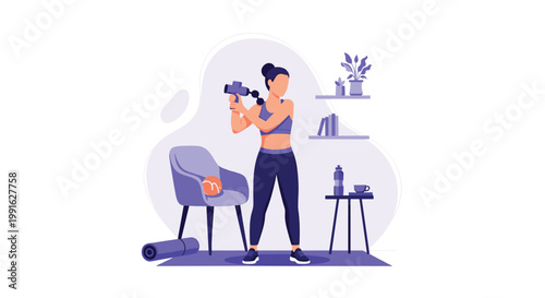 A woman wearing a purple sports bra and leggings uses a compact blue massage gun on her shoulder while standing in a modern living room with shelves.