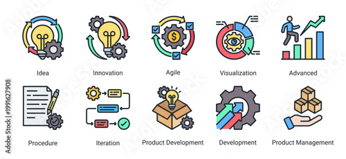 Creative icon set representing innovation,development processes,and agile methodologies for modern business and digital projects.