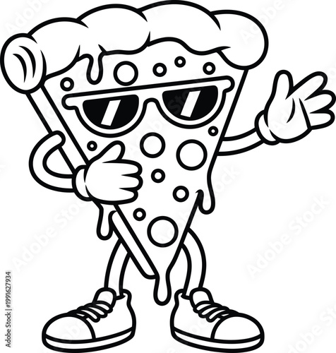 Cartoon pizza slice character wearing sunglasses and sneakers waving hello