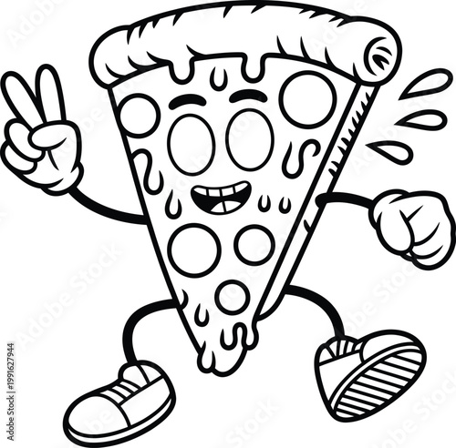 Cartoon pizza slice character making a peace sign gesture, black and white line art illustration