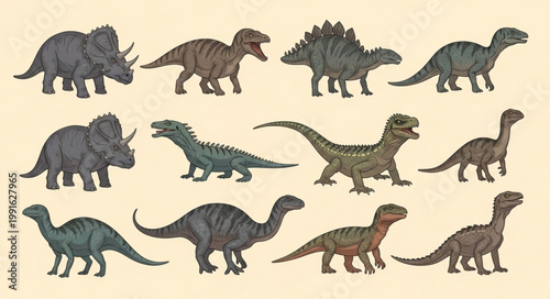 Collection of various dinosaur species in cartoon style.
