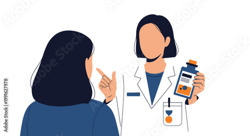 A professional female pharmacist wearing a pristine white laboratory coat holds a detailed medicine bottle while explaining dosage instructions to a patient indoors.