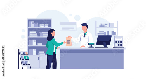A helpful male pharmacist hands a brown paper prescription bag to a female customer across a wide service counter in a bright modern apothecary setting.