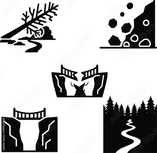 Black and white nature with trees stream rocks and bridges