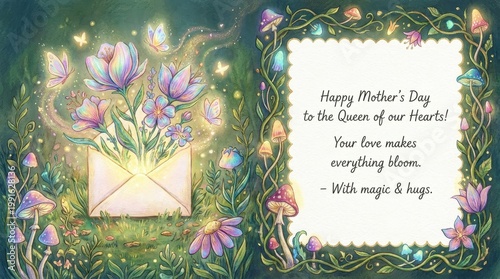 Colorful Floral Illustration with an Envelope and Happy Mother's Day Greeting Card Design