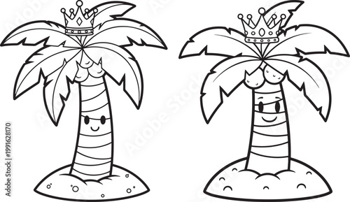 Two cartoon palm trees with crowns on their heads outlined for coloring palm tree black and white background line art hand drawn tropical coloring illustration character isolated