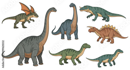 Collection of diverse prehistoric dinosaur species illustration.