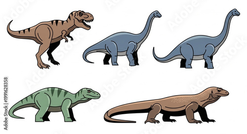 Collection of five different dinosaurs and a lizard illustration.
