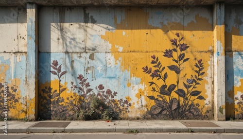Colorful Floral Mural With Yellow And Blue Background on Concrete Wall in Urban Environment