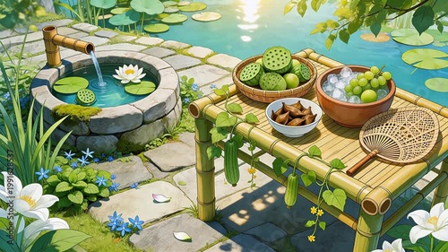 Bamboo table with fruits and lotus pond