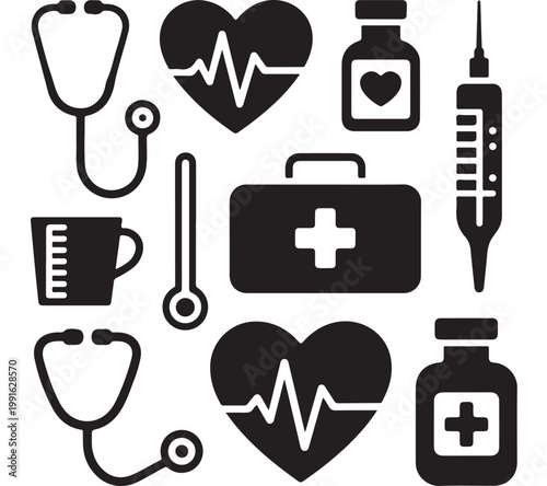 Medical Healthcare Icon Set with Heart Rate Monitor Stethoscope and First Aid Kit SymbolsAd A premium collection of black medical silhouettes on a white background adobe Illustrator Artwork
