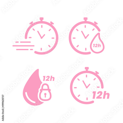 12 Hour Protection Packaging Icon Set. Period Care Time Protection Icon Collection
