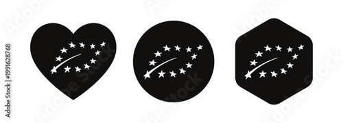EU Organic Certification Black Logo Set in Heart Circle and Hexagon Shapes High Quality Vector Graphic for Sustainable Branding and Product Quality