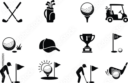 Collection of golf sport icons representing equipment players and game elements on a white backgroundideal for design projects