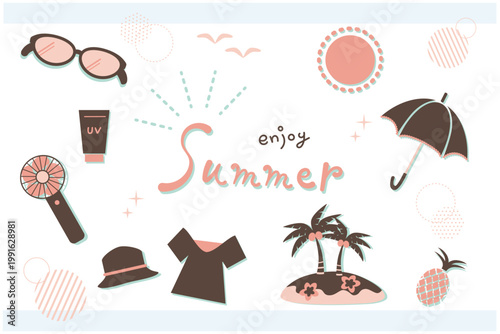 レトロ可愛い夏のライフスタイル小物イラスト素材セット