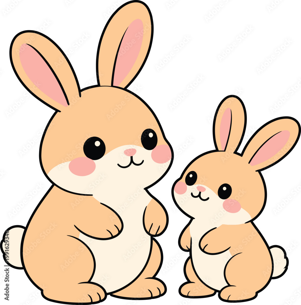 Fototapeta premium Cute cartoon mother rabbit and baby bunny standing together