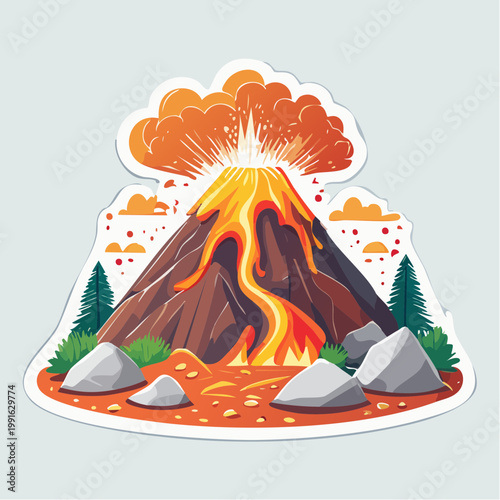 Illustration of an erupting volcano with lava flow and smoke