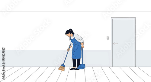 A woman in a blue apron sweeping the floor with a broom and dustpan in a room with a white door