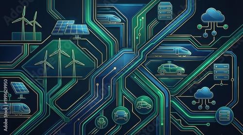 Futuristic Technology Background Featuring Sustainable Energy Infrastructure and Smart Transportation Systems