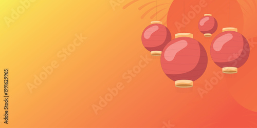 Traditional red Chinese lanterns hanging with fireworks against a warm orange gradient background for festive celebrations and holidays.