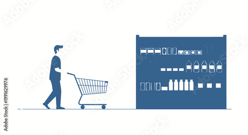 Man pushing shopping cart in front of a store shelf with various products