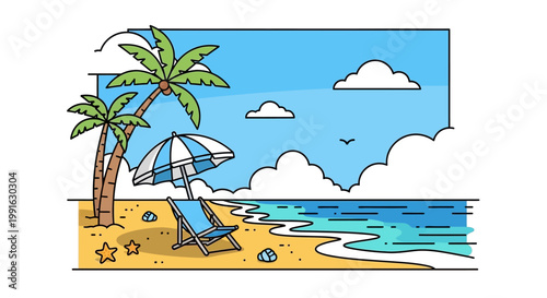 Beach Chair Under Colorful Umbrella.