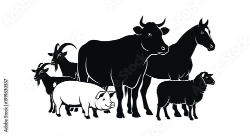 Black silhouettes of farm animals standing.