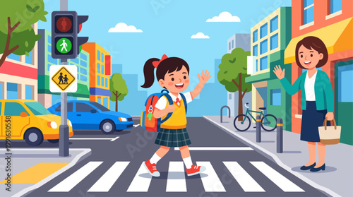 Child Crossing Street Safely with Traffic Light Flat Vector Illustration for Road Safety Education