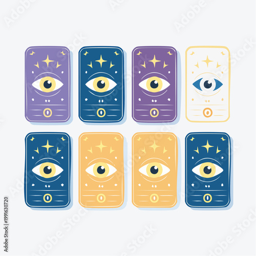 Set of mystical eye tarot cards with stars and celestial elements