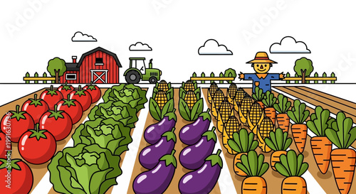 Farmer standing in vegetable garden rows.