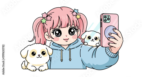 Girl taking selfie with cute dog.