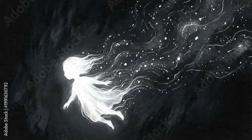 Ethereal Child Glowing in Motion Through a Dark Fantasy Landscape with Sparkling Stars