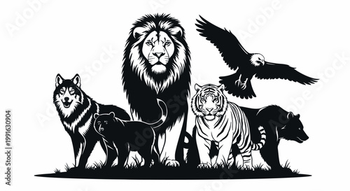 Lion wolf tiger bear eagle animals.