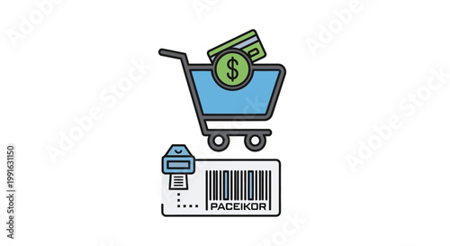 Shopping cart with money and barcode.