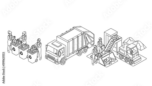 Isometric Waste Management Flow Vector Set Showing Human Activity for Collection, Transport and Disposal with Workers in Outline Silhouette Style