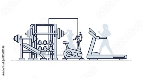 Treadmill next to exercise equipment.