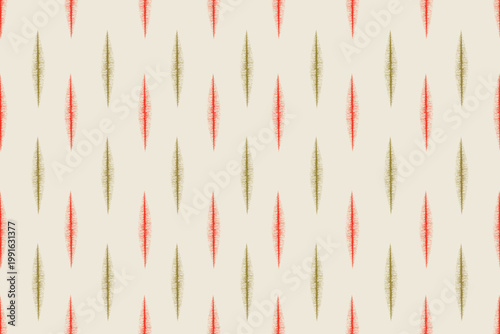 Minimalist Leaf Motif Ikat Seamless Pattern, Vibrant Orange and Olive Gold on Cream Background.