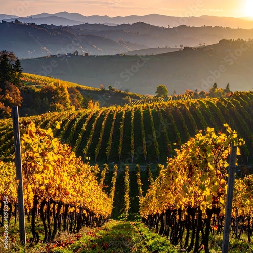 Scenic Vineyard Rows With Vibrant Golden Autumn Leaves At Sunset Rolling Hills And Distant Mountains In A Peaceful Rural Landscape