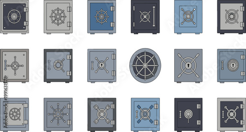 Bank Vault and Safe Box Icon Set with Secure Metal Doors Lock Mechanisms and Protection Storage Symbols for Financial Security Design.