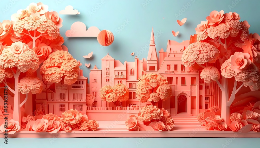 © endang - Peach 3d Paper Cut Cityscape Miniature Illustration With Floral Trees And European Buildings On Blue Background Diorama Art