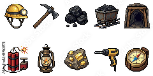 A collection of pixel art illustrations featuring mining equipment like a helmet, pickaxe, lantern, drill, and compass, along with resources like coal, gold ore, and dynamite, set against.