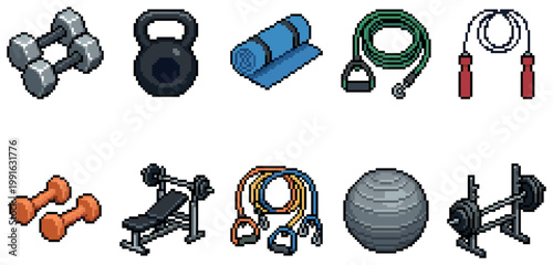 A pixel art collection of gym equipment including dumbbells, kettlebells, jump ropes, exercise ball, and weight bench, perfect for retro gaming or fitness graphics.