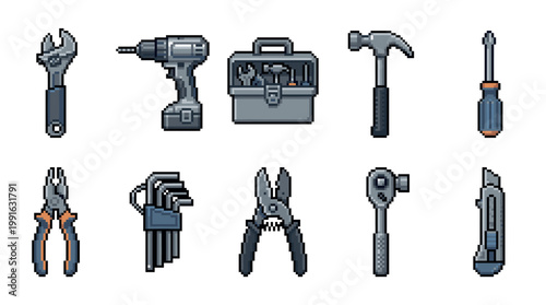 A collection of pixel art icons representing various tools including a wrench, drill, toolbox, hammer, and cutters, perfect for retro game design or digital art projects.