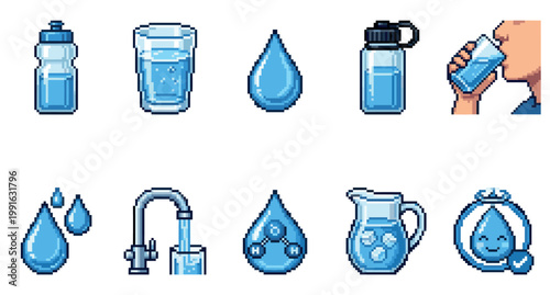 A collection of pixel art illustrations depicting various water-related elements, including bottles, glasses, drops, and a tap, on a white background.