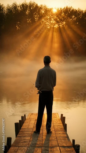 Man fishing at sunrise on tranquil lake