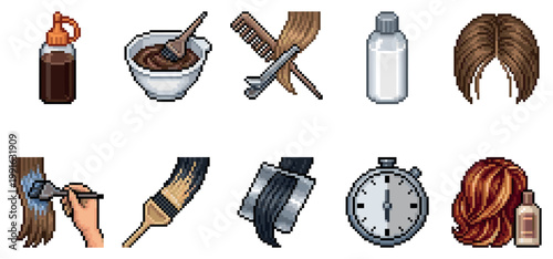A collection of pixel art icons representing hair dyeing process, including dye bottle, mixing bowl, comb, brush, hair, and stopwatch, suitable for digital art and design.