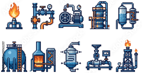 A collection of ten distinct pixel art illustrations depicting various industrial equipment, including pipes, pumps, tanks, and towers, presented against a white background.