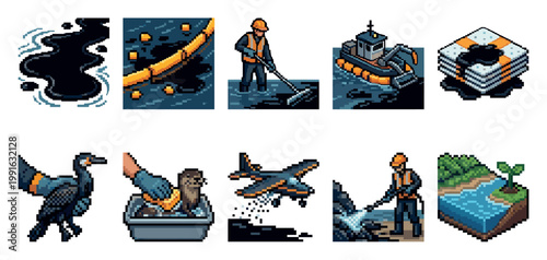 This pixel art collection depicts various scenes and elements related to oil spill cleanup, including slick oil, containment booms, workers, boats, wildlife, and natural environments.