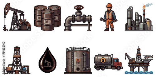A collection of pixel art illustrations depicting various elements of the oil and gas industry, including machinery, infrastructure, and transport, suitable for digital design.